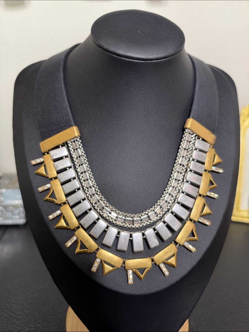 Stella & Dot Statement Gold Silver Reversible Geometric Bib Necklace Leather